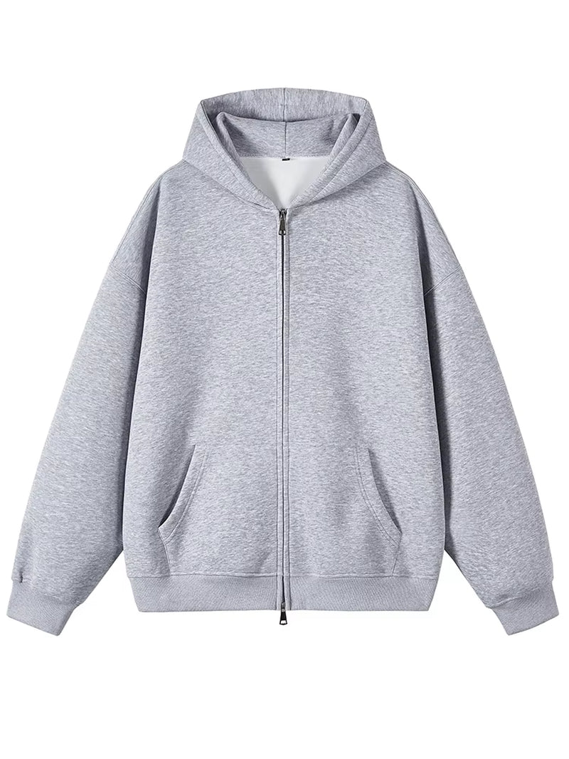 Classic Light Gray Zip - up Hooded Sweatshirt: Minimalist Style, Premium Fleece Lining, Essential for Everyday & Streetwear